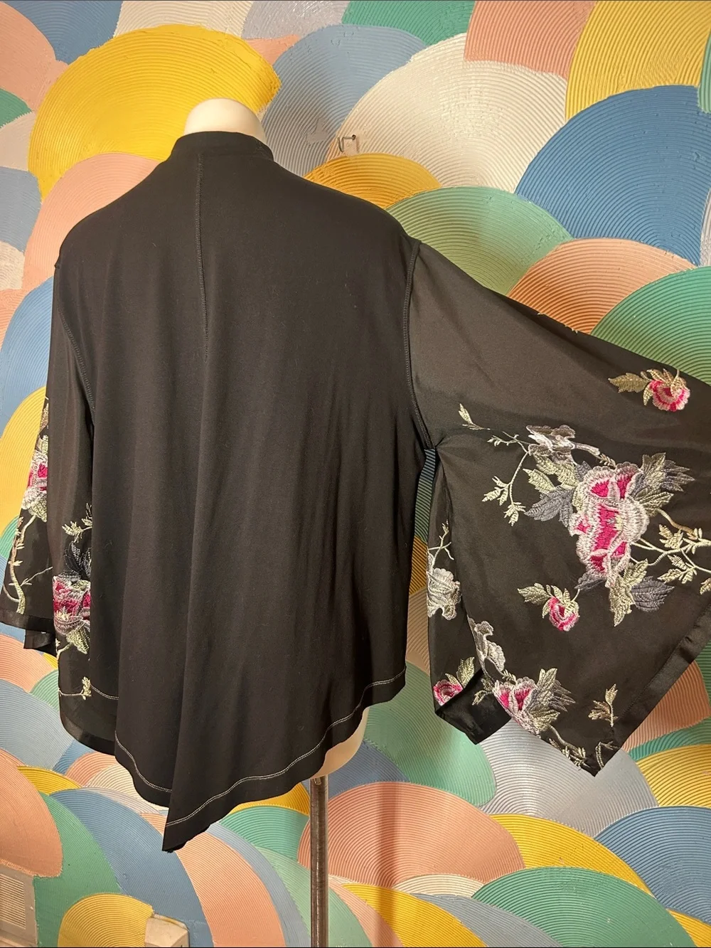 Free People Black Floral Embroidered Bell Sleeve Top